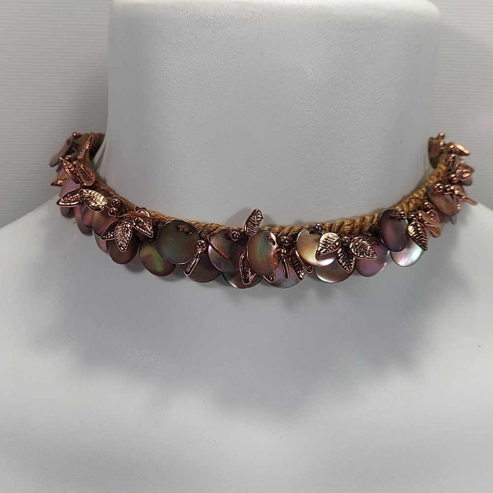 Vintage Unsigned Miriam Haskell Copper Tone Mother of Pearl Silk Cord Necklace